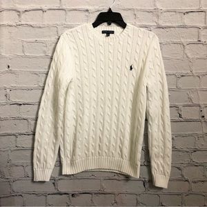 Ralph Lauren Cable Knit Crewneck Sweater White Blue Logo Sz M Vtg Preppy Classic